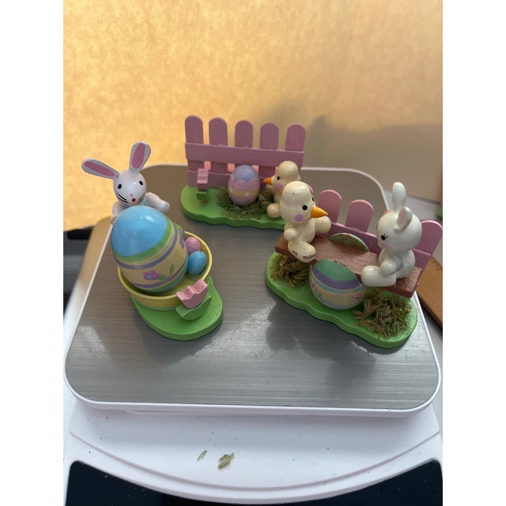 Vintage Style Wooden Easter Figurine Set Bunny Duck Egg Picket Fence 3pc Decor